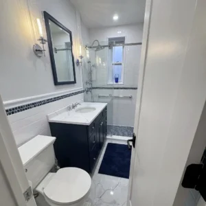 Custom bathroom renovation featuring a walk-in glass shower, subway tile walls, mosaic shower floor, and modern vanity.